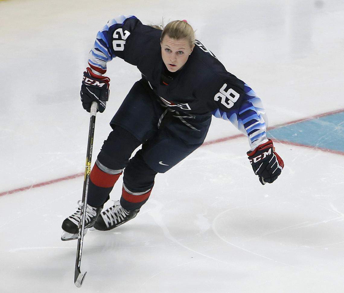 FILE - In this Jan. 25, 2019, file photo, U.S. Women’s National Team’s Kendall Coyne Schofield skates during the Skills Competition, part of the NHL All-Star weekend, in San Jose, Calif. More than 200 of the world’s top female players have taken their next step toward a single, economically viable professional league by forming their own players’ association. The new Professional Women’s Hockey Association (PWHPA) announced Monday, May 20, 2019, that incorporation papers were filed Friday with help from attorneys from Ballard Spahr. (AP Photo/Jeff Chiu, File)