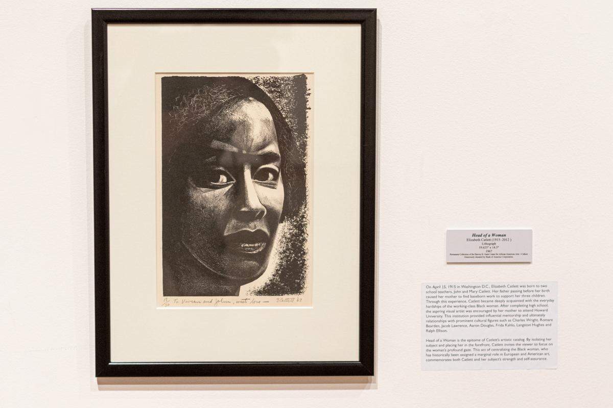 “Head of a Woman” is the first piece in the “A Woman’s Work” exhibit at the Gantt Center. The artist, Elizabeth Catlett created this realistic portrait of a black woman in the height of the civil rights movement when “black power” and “black is beautiful” became important mantras.