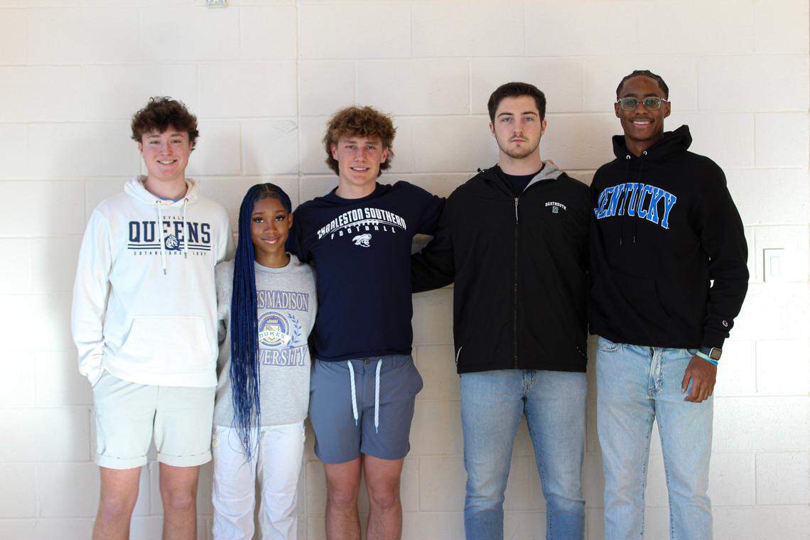 Charlotte Christian’s 2025 college signees: Stokes Greene, golf, Queens University of Charlotte; Nina Dominique, track, James Madison University; Owen Farrell, football, Charleston Southern University; Corban Hall, football, Dartmouth College; Evan Boykin, track, University of Kentucky
