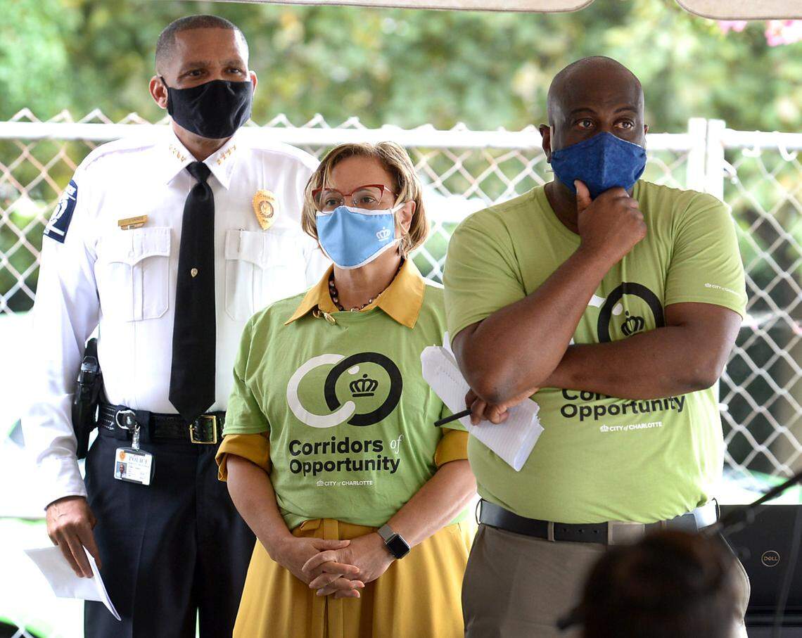 (L-R) Police Chief Johnny Jennings, Charlotte Mayor Vi Lyles and City Council member Malcolm Graham are among the attendees of a press conference discussing the projects and opportunities along the Beatties Ford Road corridor in Charlotte, NC on Wednesday, September 9, 2020.