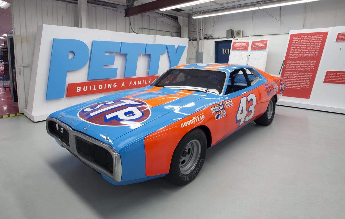 This 2018 photo provided by Julien's Auctions shows the 1974 Dodge Charger that Richard Petty drove to win his fifth Daytona 500 auto race, at the Richard Petty Museum in Randleman, N.C. Petty's iconic 1974 Dodge Charger is going on sale, along with some of his other cars, one of his Daytona 500 trophies and other items. Petty says after "accumulating stuff" for 80 years, it's time to sell the items at an auction on Saturday at Planet Hollywood in Las Vegas.