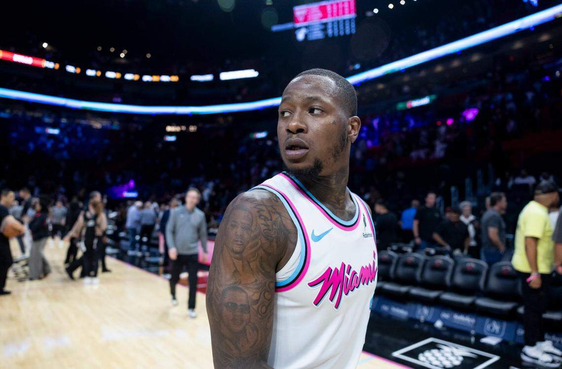 Miami Heat guard Terry Rozier (2) walks back to the locker room after losing to the Chicago Bulls in the second half of their NBA game at Kaseya Center on March 8, 2025, in Miami.