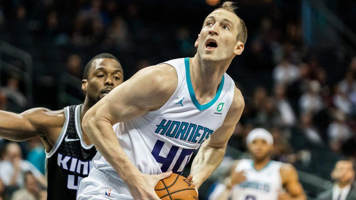 Charlotte Hornet Cody Zeller (40) grabs the rebound and gets the 2-point layup. The Hornets would host the Sacramento Kings Tuesday December 17, 2019.