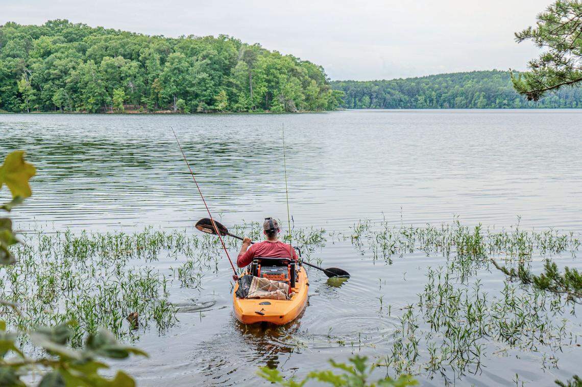 A man in kayak fishing on Badin Lake in Uwharrie National Forest, North Carolina.