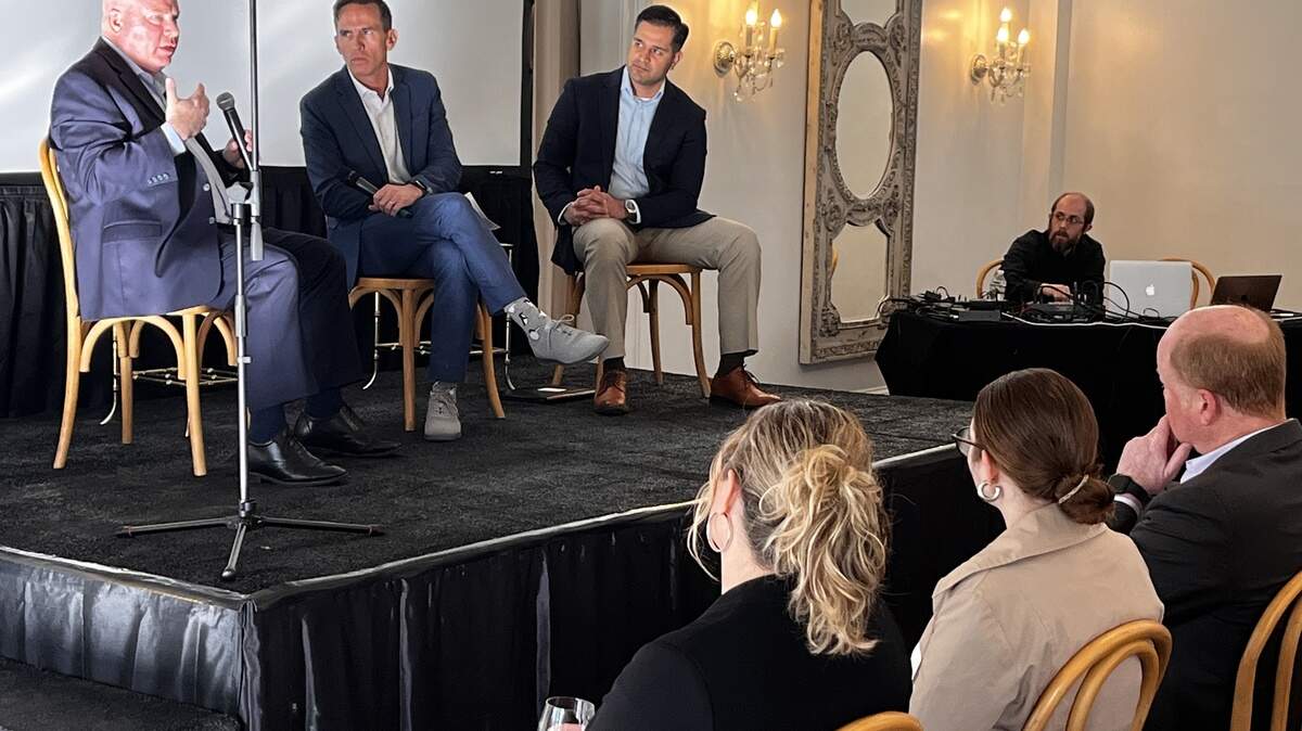 North Carolina state Rep. Grant Campbell, R-Cabarrus, discusses health policy at a March 24, 2026, event in Raleigh as Healthier United CEO Jake Williams and state Sen. Mujtaba Mohammed, D-Mecklenburg, look on.