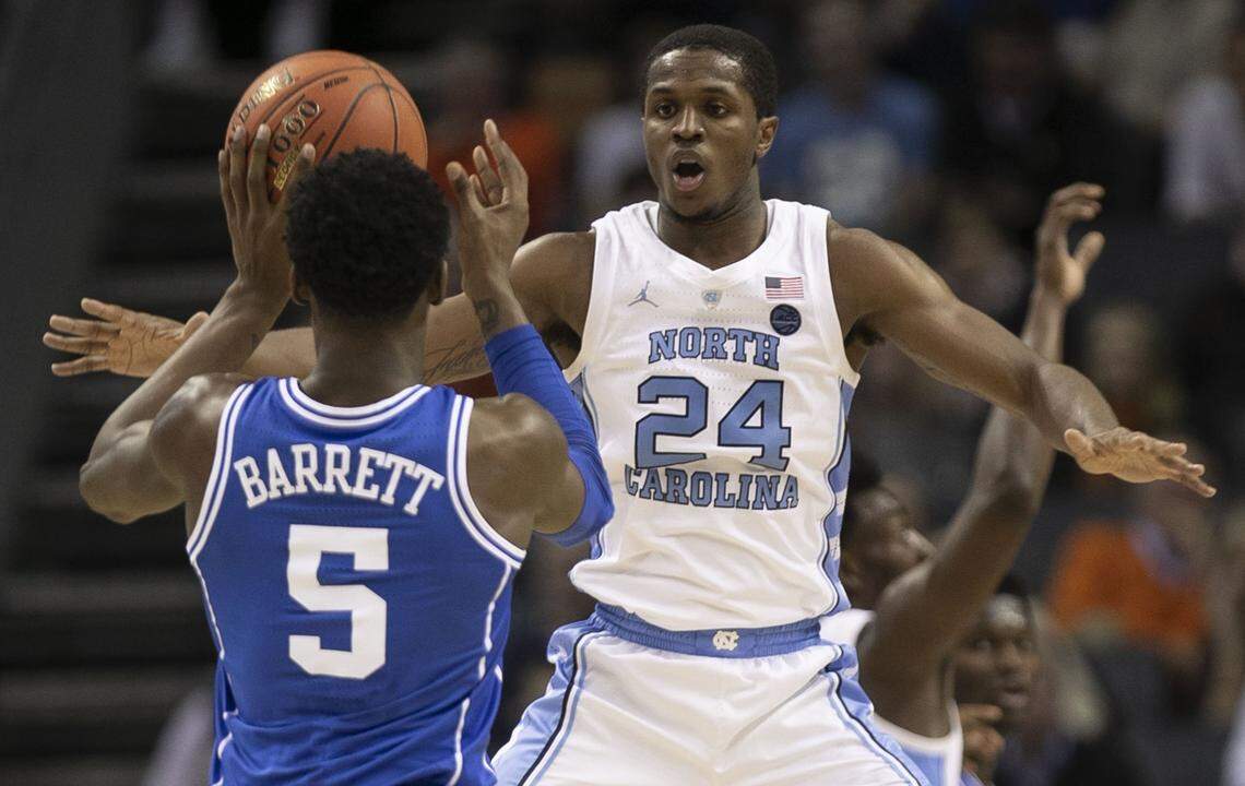 North Carolina’s Kenny Williams (24) guards Duke’s RJ Barrett (5) in March. Defense is Williams’ best attribute. He worked out for the Charlotte Hornets on Wednesday, in preparation for next month’s NBA draft.