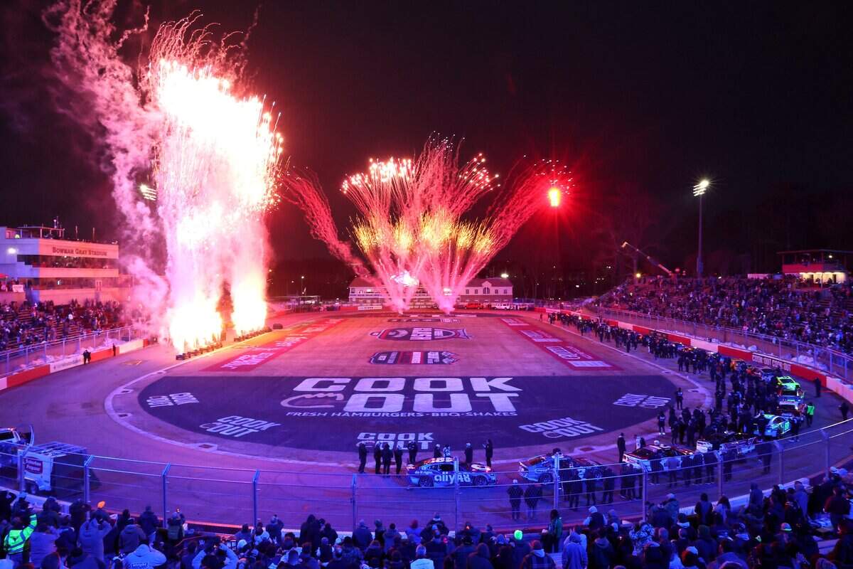 Fireworks light up the sky prior to the running of the Cookout Clash at Bowman Gray Stadium in Winston-Salem, NC on Wednesday, February 4, 2026. NASCAR Cup Series driver Ryan Preece would win the race.