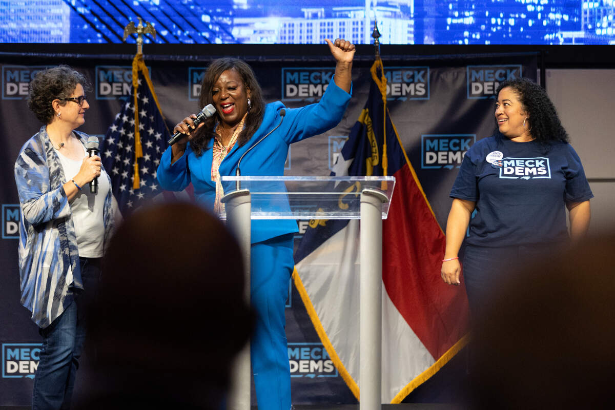 First Vice Chair of Mecklenburg Democrats Stephanie Collins cheers on during election night at The Revelry in Charlotte, NC on November 5, 2024.