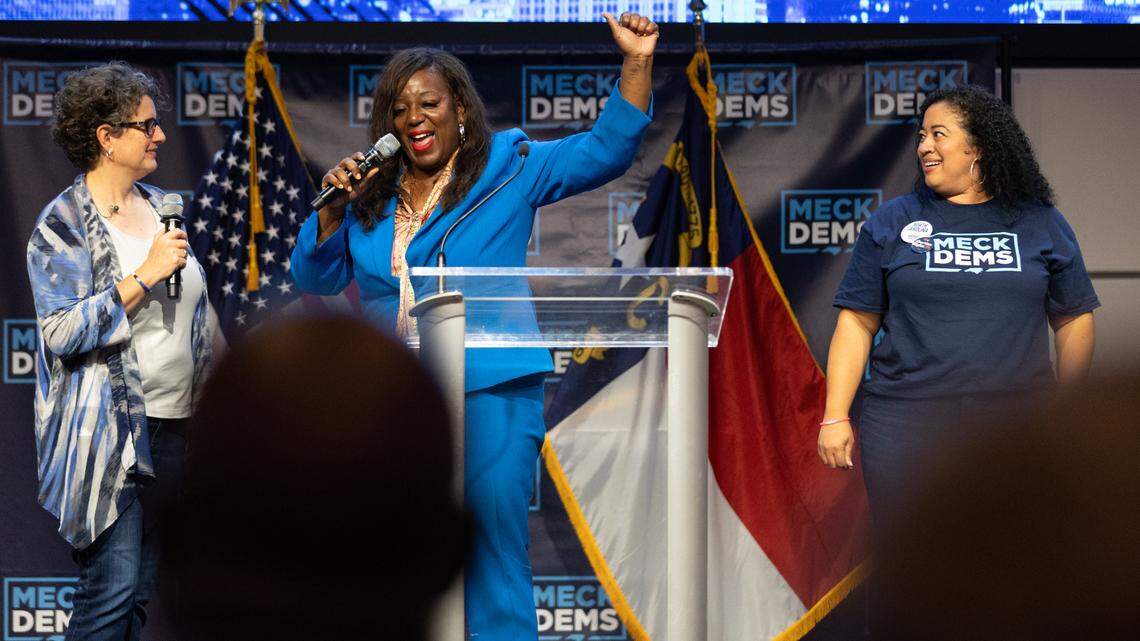 First Vice Chair of Mecklenburg Democrats Stephanie Collins cheers on during election night at The Revelry in Charlotte, NC on November 5, 2024.
