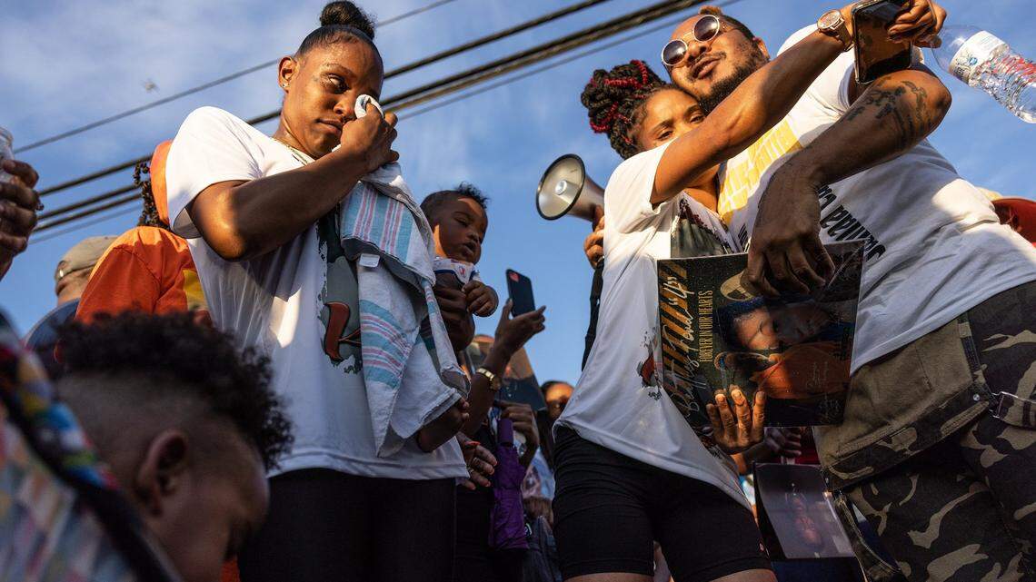 Family and friends gather for a memorial for the four people killed in the Juneteenth shooting on Beatties Ford Road two years ago in Charlotte, June 22, 2022.