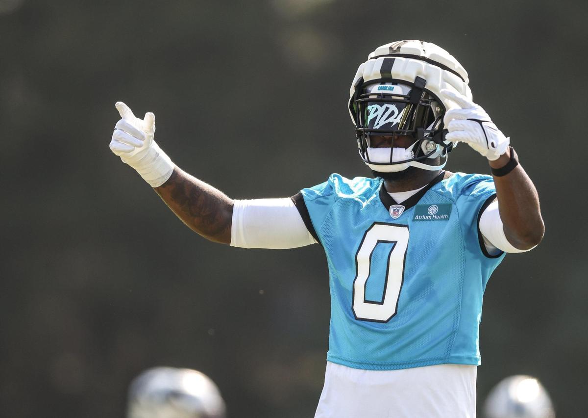 Carolina Panthers Brian Burns wears the number 0 at Panthers Training Camp at Wofford College in Spartanburg, SC., on Wednesday, July 26, 2023.