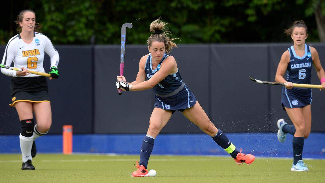 Erin Matson in action in an NCAA semifinal in 2020, as UNC took on Iowa in Chapel Hill. UNC won the NCAA championship that season and won it four times in Matson’s five years as a player.