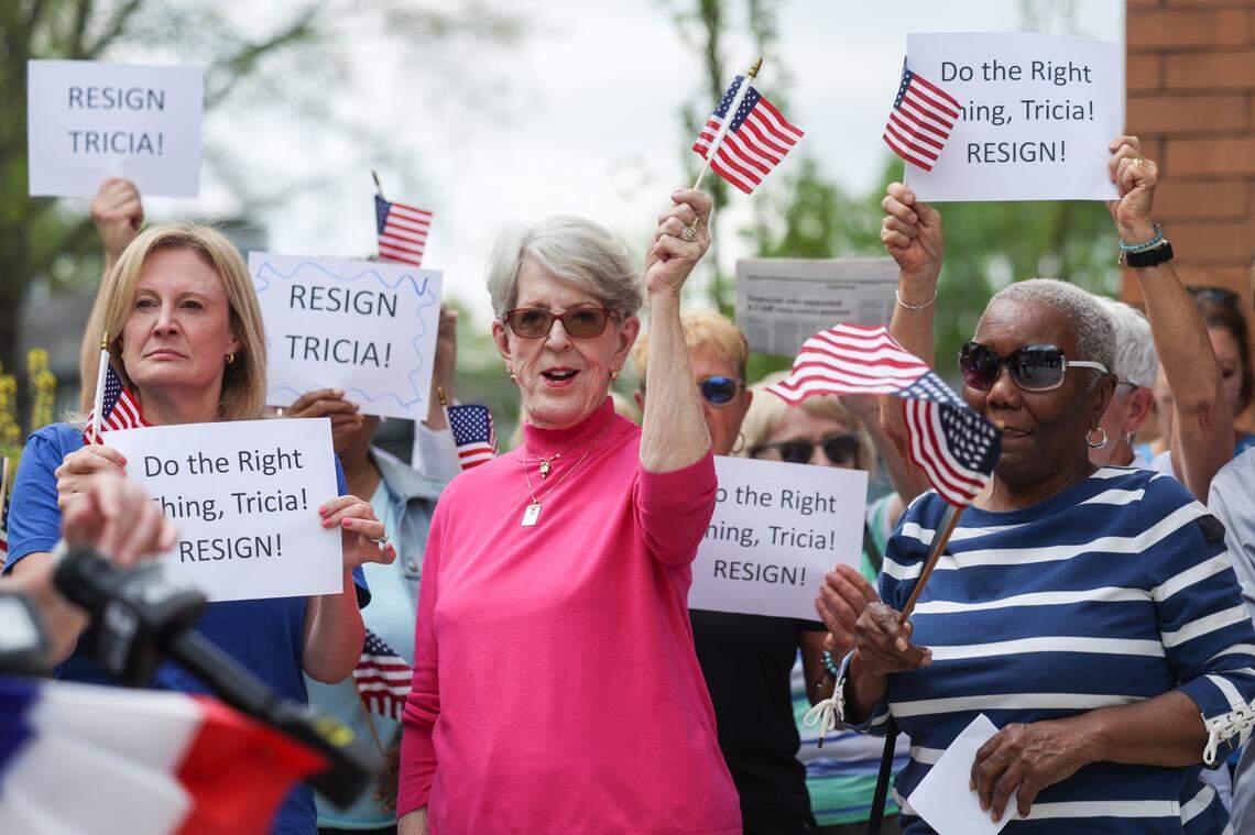 The Democratic Women of Mecklenburg County rally during a press conference outside the party’s headquarters on Wednesday, April 5, 2023. During the presser several speakers of House District 112 called for the resignation of Rep. Tricia Cotham, who announced that she would be leaving the Democratic Party and joining Republicans.