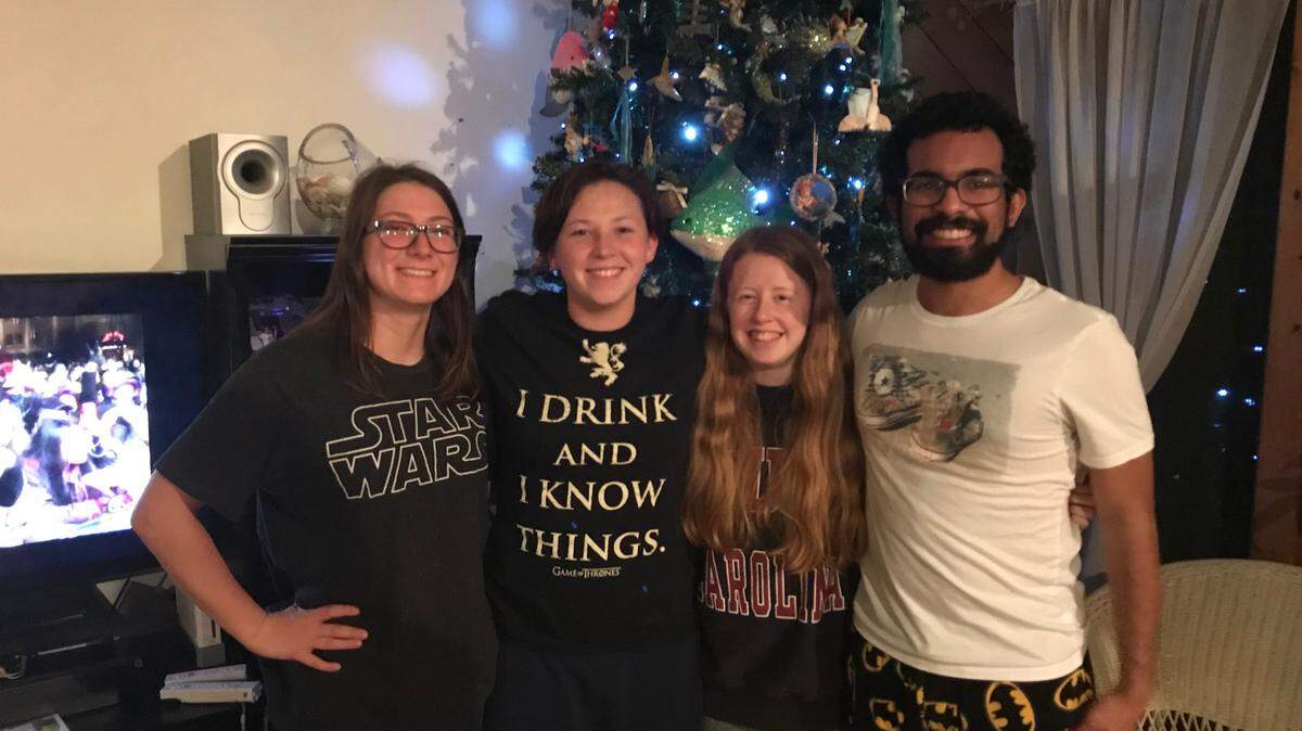 The writer, second from right, celebrating New Year’s Eve with friends in 2017.