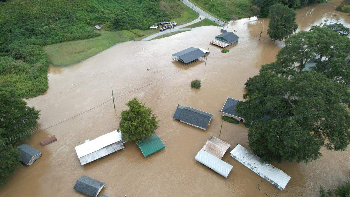 A drone image shows homes submerged in flood water from the Catawba River Saturday, September 28, 2024.