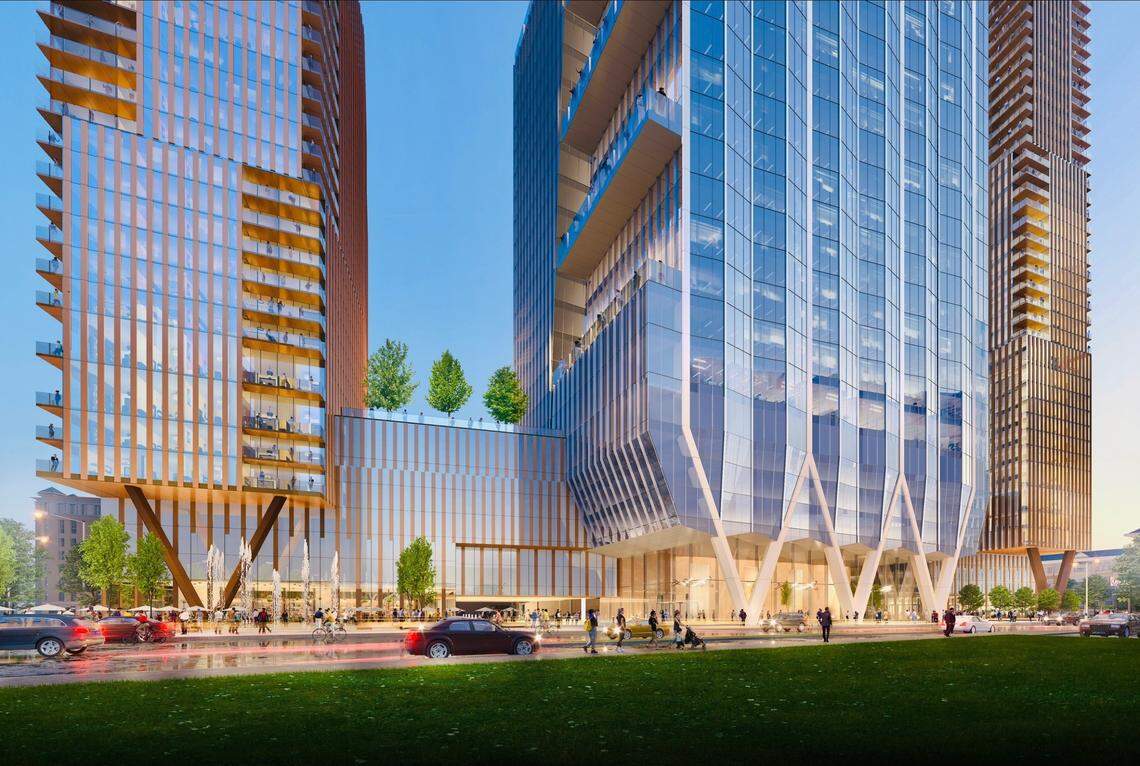 A Chicago developer released fresh renderings for a $750 million project to bring three buildings with a mix of commercial and residential uses to a prominent intersection leading from uptown to South End.