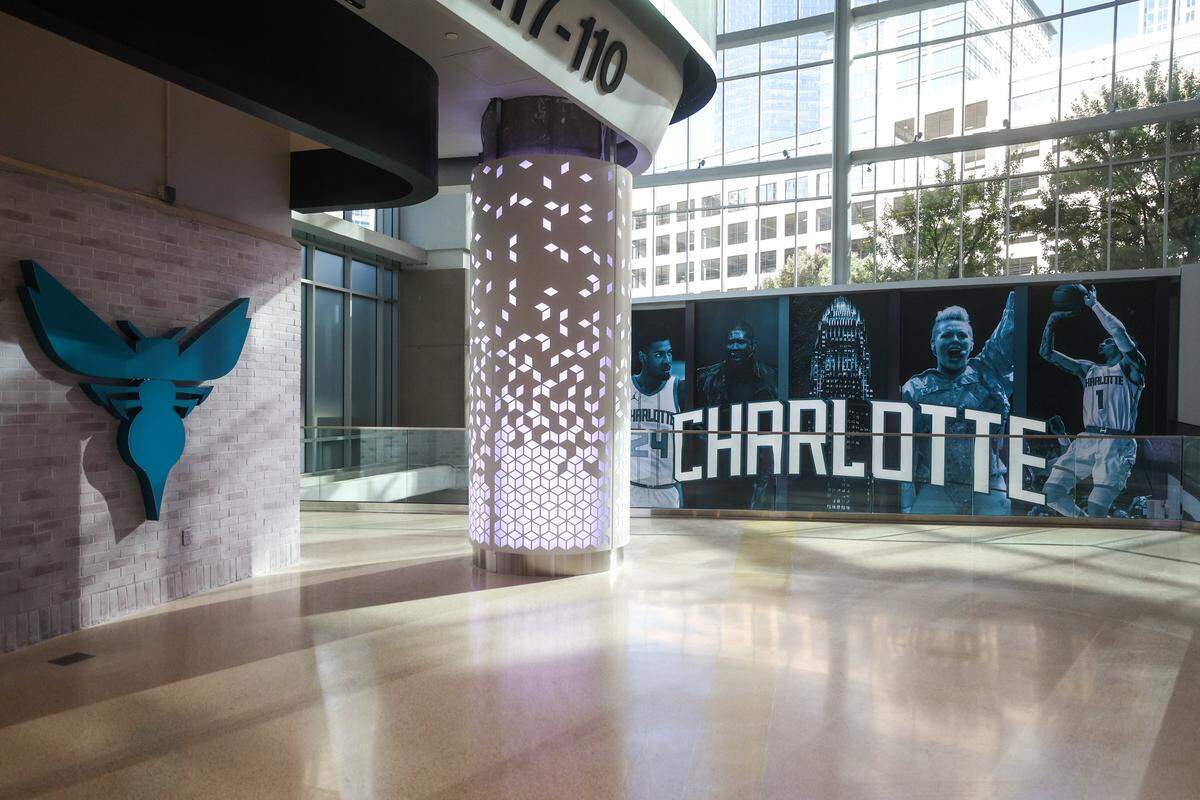 The newly renovated main lobby is shown during the Spectrum First Look in Charlotte, NC on Friday, October 17, 2025.