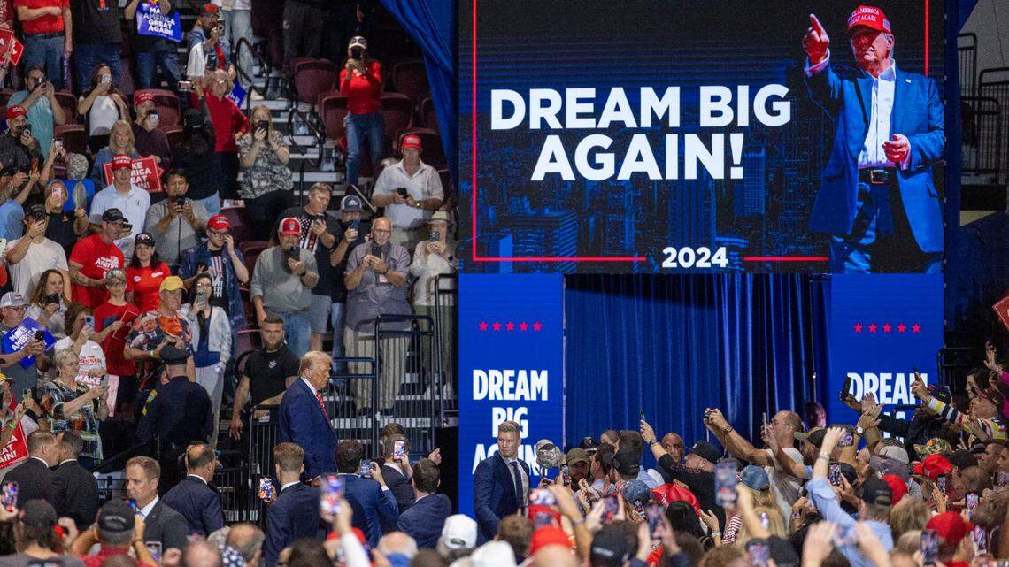 Republican presidential nominee, former President Donald Trump, leaves the stage following his remarks on Wednesday, October 30, 2024 at the Rocky Mount Event Center in Rocky Mount, N.C.