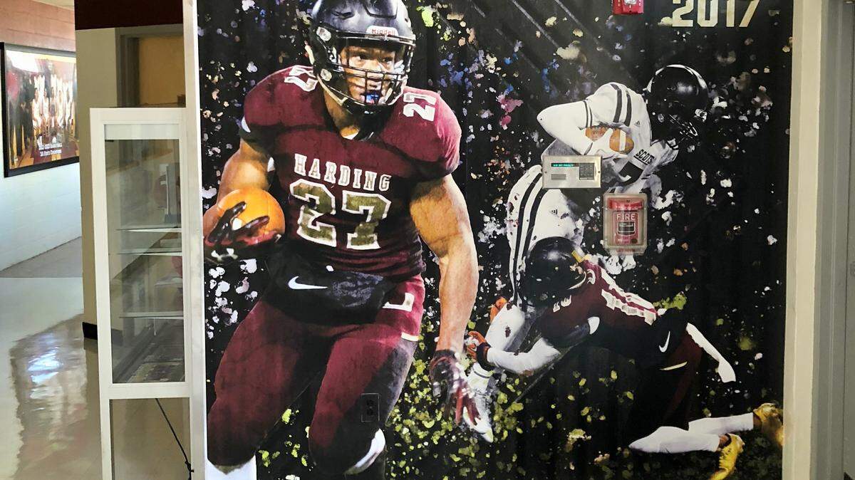 A mural in the Harding High gym commemorates the school’s 2017 N.C. 4A state championship, the Rams’ first since 1953. With 10 starters, 21 lettermen back and top 10 national recruit Quavaris Crouch (27) returning, can the Rams do it again?