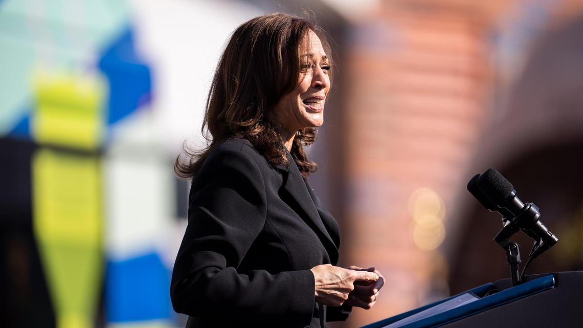Vice President Kamala Harris speaks at the Charlotte Area Transit System garage in Charlotte, N.C., on Thursday, December 2, 2021.