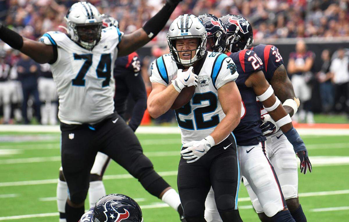 Carolina Panthers running back Christian McCaffrey (22) leads the NFL in rushing and scrimmage yards through four games this season.