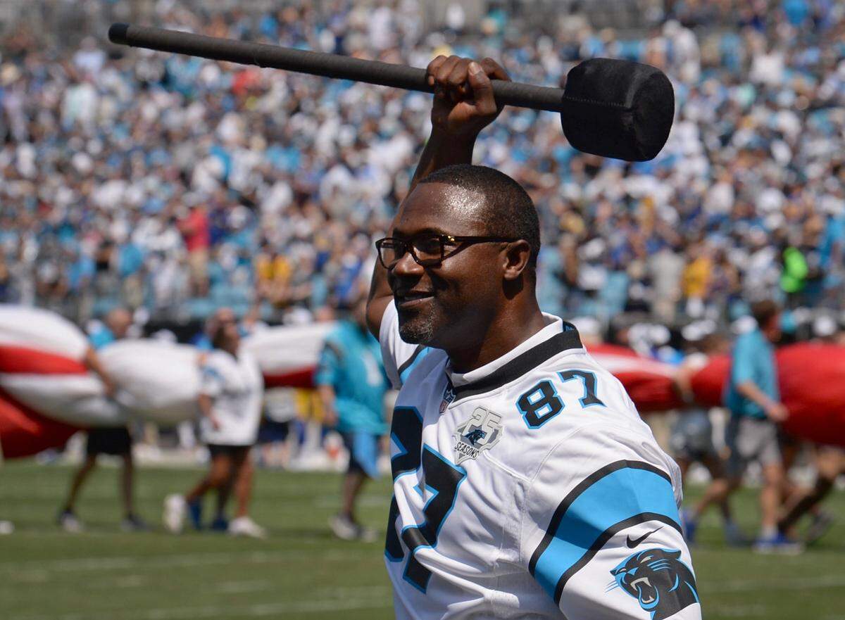 Former Carolina Panthers wide receiver Muhsin Muhammad was the honoree to hit the Keep Pounding drum prior to the team’s game against the Los Angeles Rams on Sunday, September 8, 2019 at Bank of America Stadium in Charlotte, NC. Muhammad wore a jersey that read “Catman” in honor of former Panthers superfan, Greg “Catman” Good, who died in July 2019.