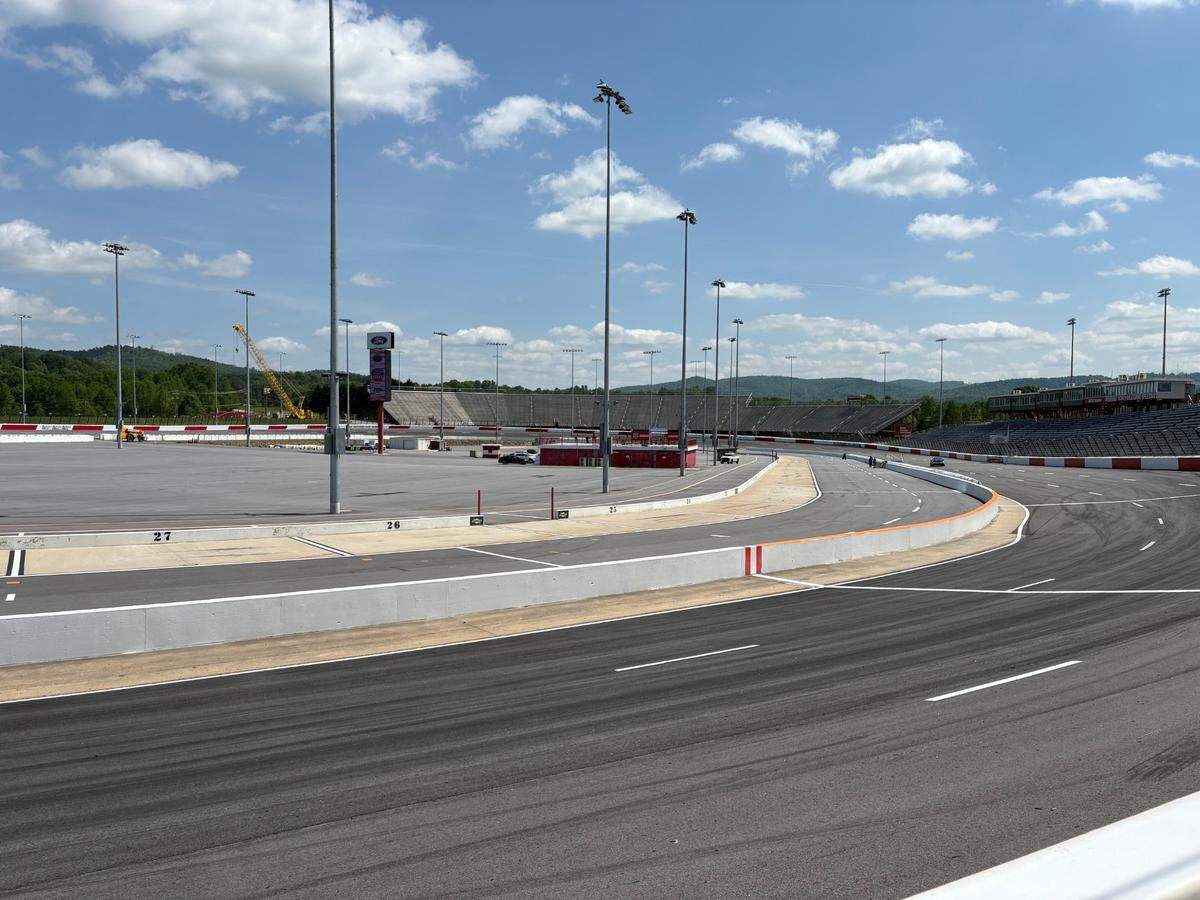 North Wilkesboro Speedway ahead of the 2025 NASCAR All-Star Race on May 18, with its new pedestrian bridge behind Turn 2.