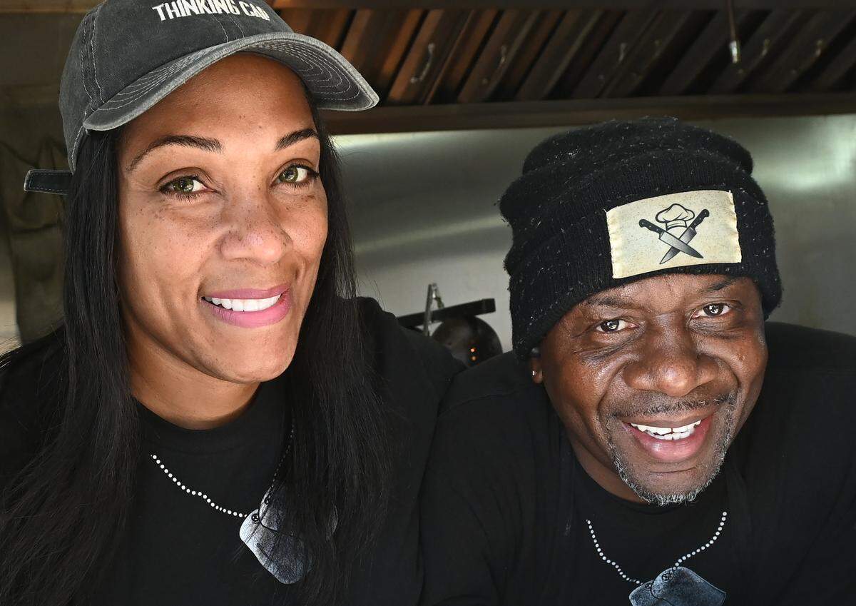 Rock Hill-based veterans Ceslie (at left) and “T.J.” Jenkins’s food truck is called Salute Chew — and they’re not bashful about playing up the armed-forces theme.