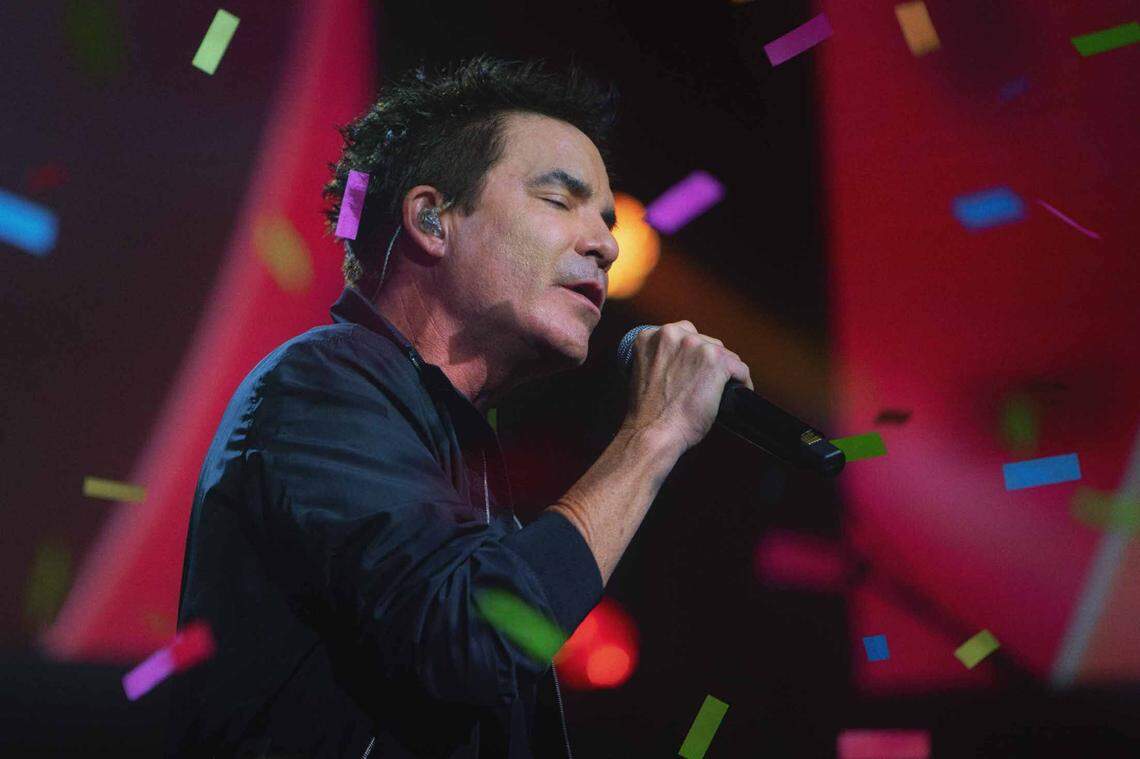 Train lead singer Pat Monahan is surrounded by confetti that rained down during one of the band’s opening numbers in Charlotte.