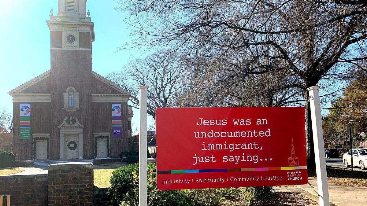 Myers Park Baptist Church has added inclusive restroom signs inside the church.