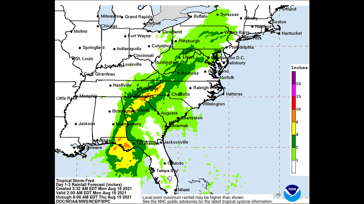 A map from the National Hurricane Center shows expected rainfall amounts over the next three days.