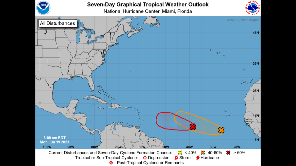 Two storms off the African coast are expected to strengthen as they trek across the Atlantic Ocean this week — and at least one of them could veer northwest toward the Carolinas, a National Hurricane Center map showed Monday.