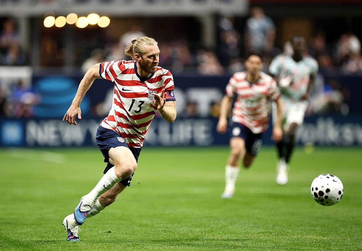 Tim Ream of the United States runs with the ball during the international friendly match between the United States and Belgium at Mercedes-Benz Stadium on March 28, 2026, in Atlanta.