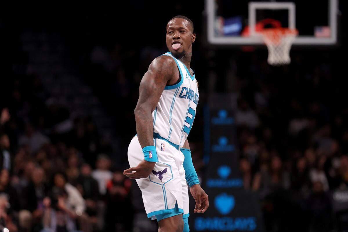Charlotte Hornets guard Terry Rozier (3) reacts after a three point shot against the Brooklyn Nets during the fourth quarter at Barclays Center.