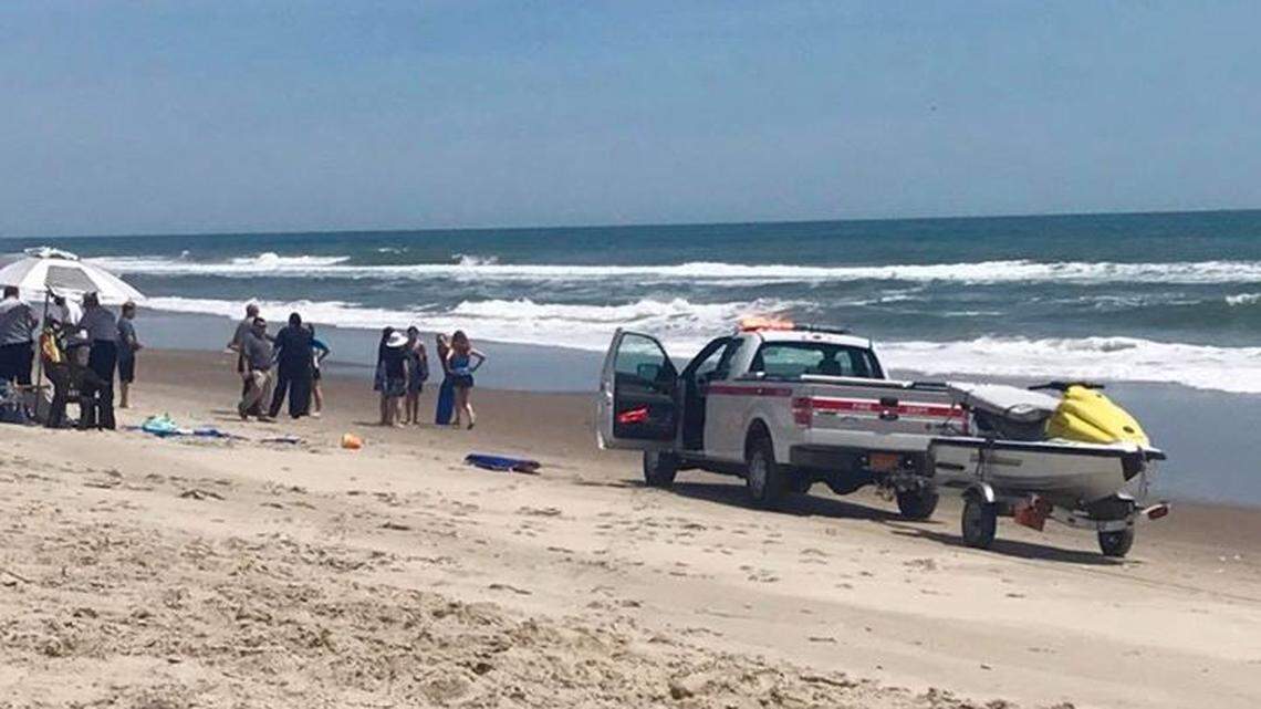Scene of the water rescue off Emerald Isle on Thursday. Three girls were struggling against a rip current when a New York state firefighter stepped in and saved them.