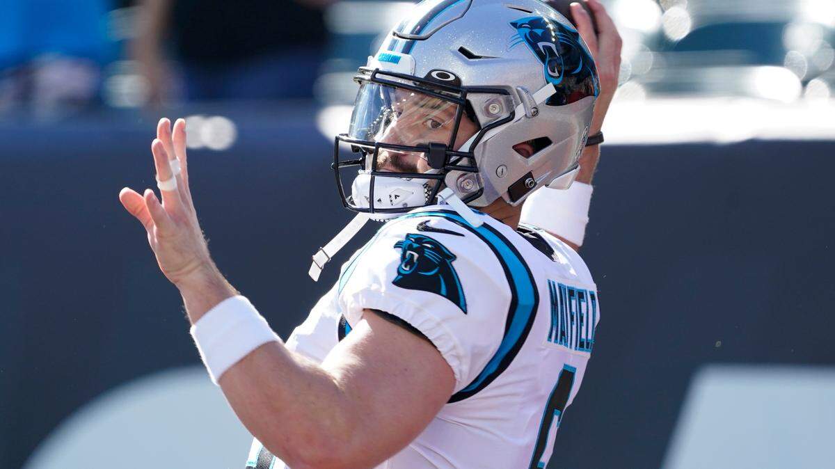 Carolina Panthers quarterback Baker Mayfield (6) warms up before an NFL football game against the Cincinnati Bengals, Sunday, Nov. 6, 2022, in Cincinnati. (AP Photo/Joshua A. Bickel)