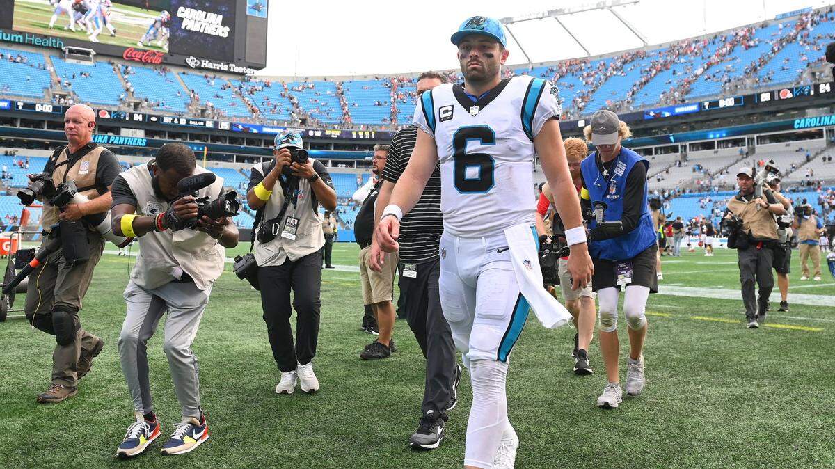 Carolina Panthers quarterback Baker Mayfield walks off the field following the team’s loss to the Cleveland Browns 26-24 at Bank of America Stadium on Sunday, September 11, 2022. Mayfield went 1-5 as a starter for Carolina before getting waived.