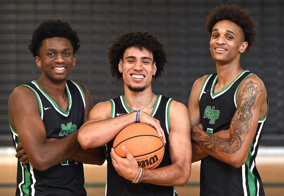 (L-R) Myers Park Mustangs returning starters Sir Mohammed, Bishop Boswell and A.J. White on Wednesday, October 18, 2023.