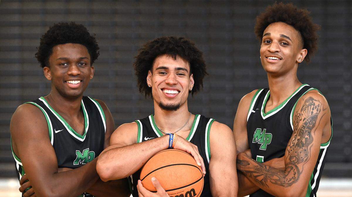 (L-R) Myers Park Mustangs returning starters Sir Mohammed, Bishop Boswell and A.J. White on Wednesday, October 18, 2023.