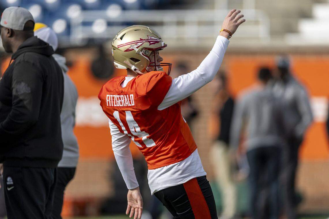 Jan 28, 2025; Mobile, AL, USA; National team kicker Ryan Fitzgerald of Florida State (14) practices during Senior Bowl practice for the National team at Hancock Whitney Stadium. Mandatory Credit: Vasha Hunt-Imagn Images