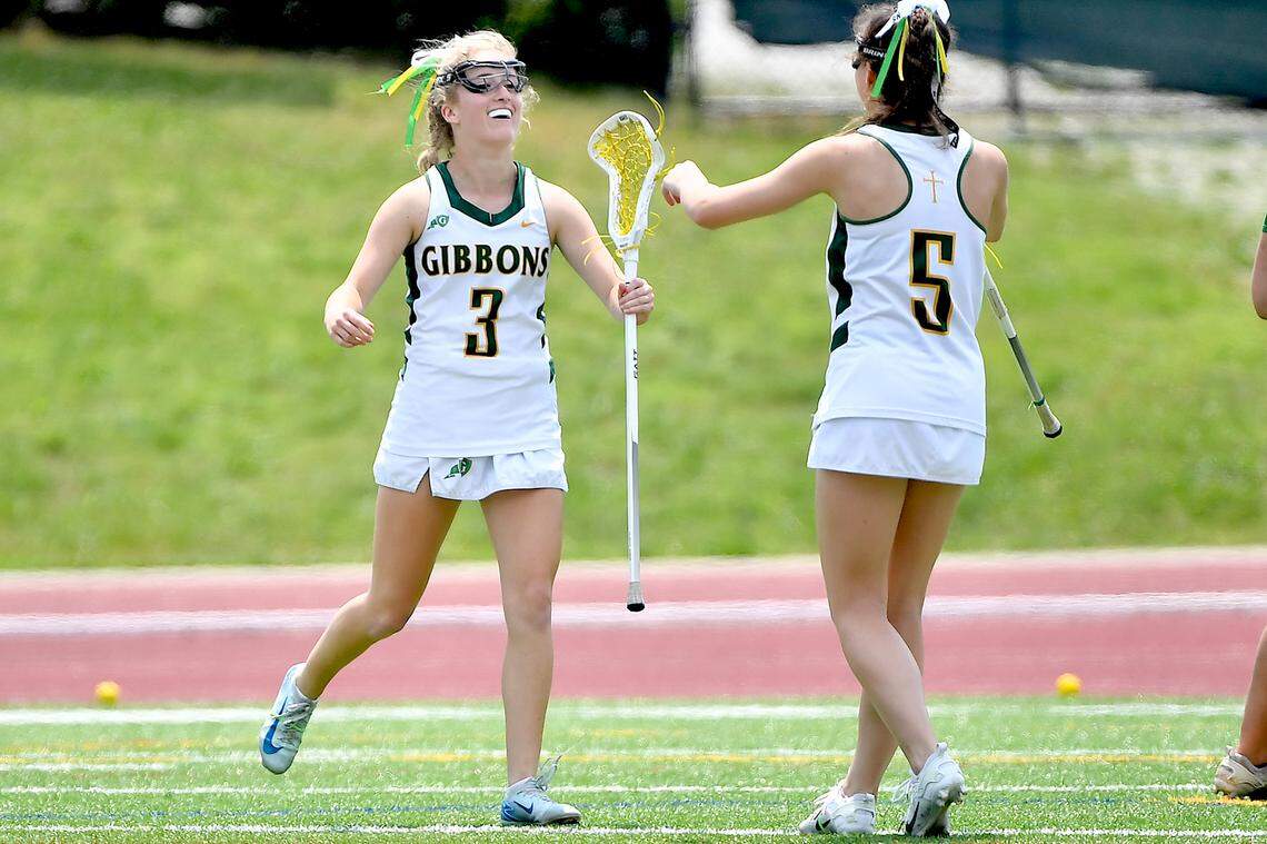 Cardinal Gibbons’ Chloe Tupis (3) celebrates her first half goal against Weddington with Jane Bailey Ward in the NCHSAA 4A Lacrosse Championship game. The Weddington Warriors and the Cardinal Gibbons Crusaders met in the Girls NCHSAA 4A Lacrosse Championship Game in Durham, N.C. on May 31, 2025.
