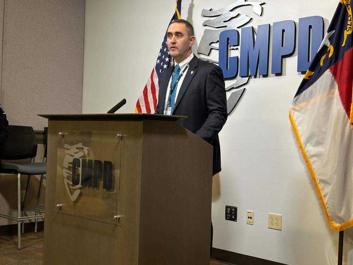 Ryan Butler, a deputy chief with the Charlotte-Mecklenburg Police Department, on Thursday announces an arrest in the 1990 killing of Kim Thomas in Charlotte.