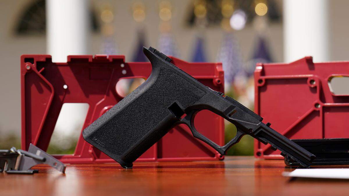 A 9mm pistol build kit with a commercial slide and barrel with a polymer frame is displayed before President Joe Biden and Deputy Attorney General Lisa Monaco speak in the Rose Garden of the White House in Washington, Monday, April 11, 2022, to announces a final version of its ghost gun rule, which comes with the White House and the Justice Department under growing pressure to crack down on gun deaths.