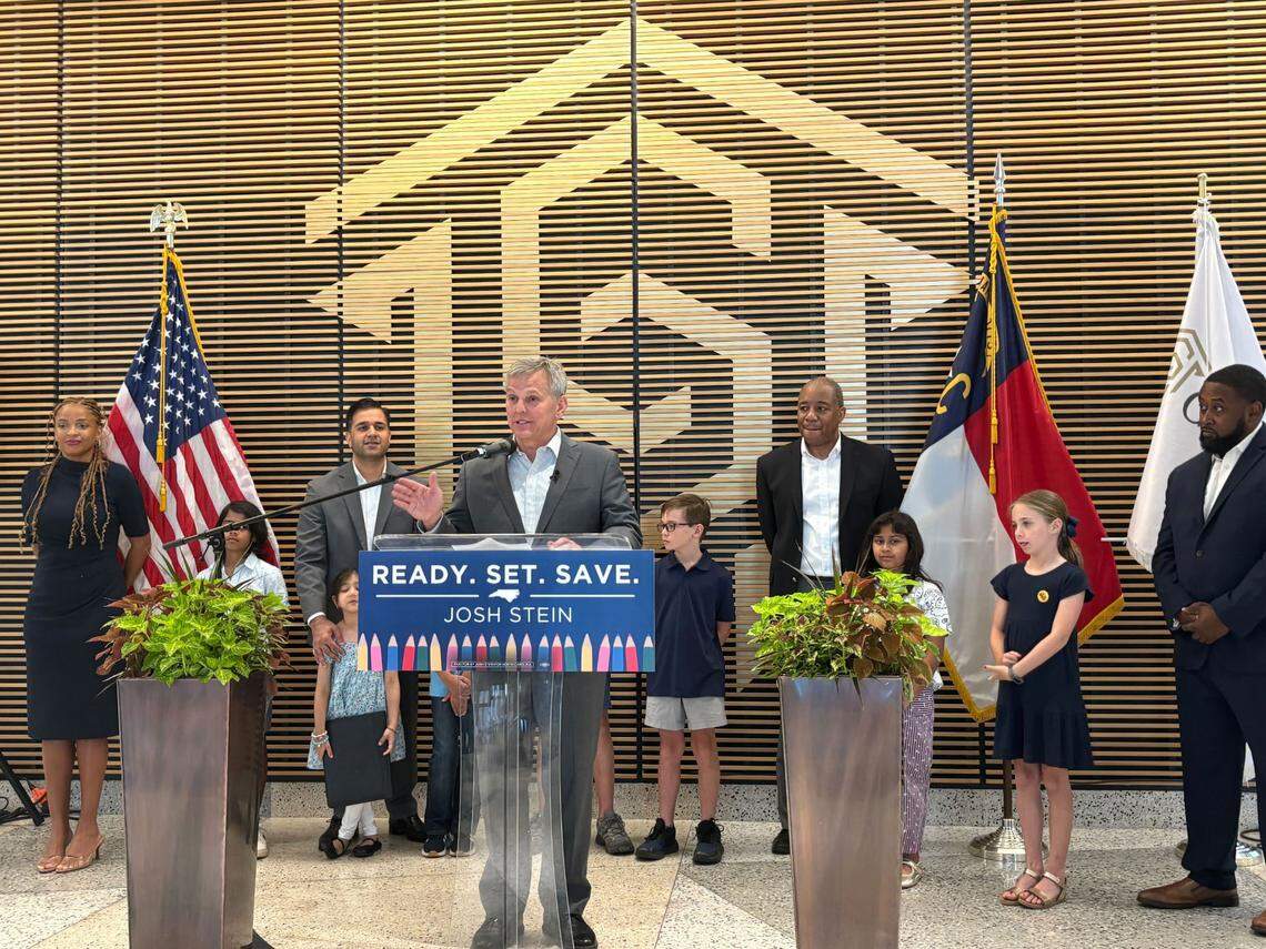 Democratic gubernatorial candidate Josh Stein speaks Tuesday at Central Piedmont Community College about a proposal to bring back North Carolina’s tax-free holiday.