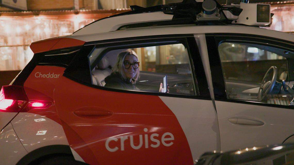 Passenger in self-driving vehicle by Cruise, which is testing its fleet in Charlotte. The service operates similar to paid rideshare or taxi services.