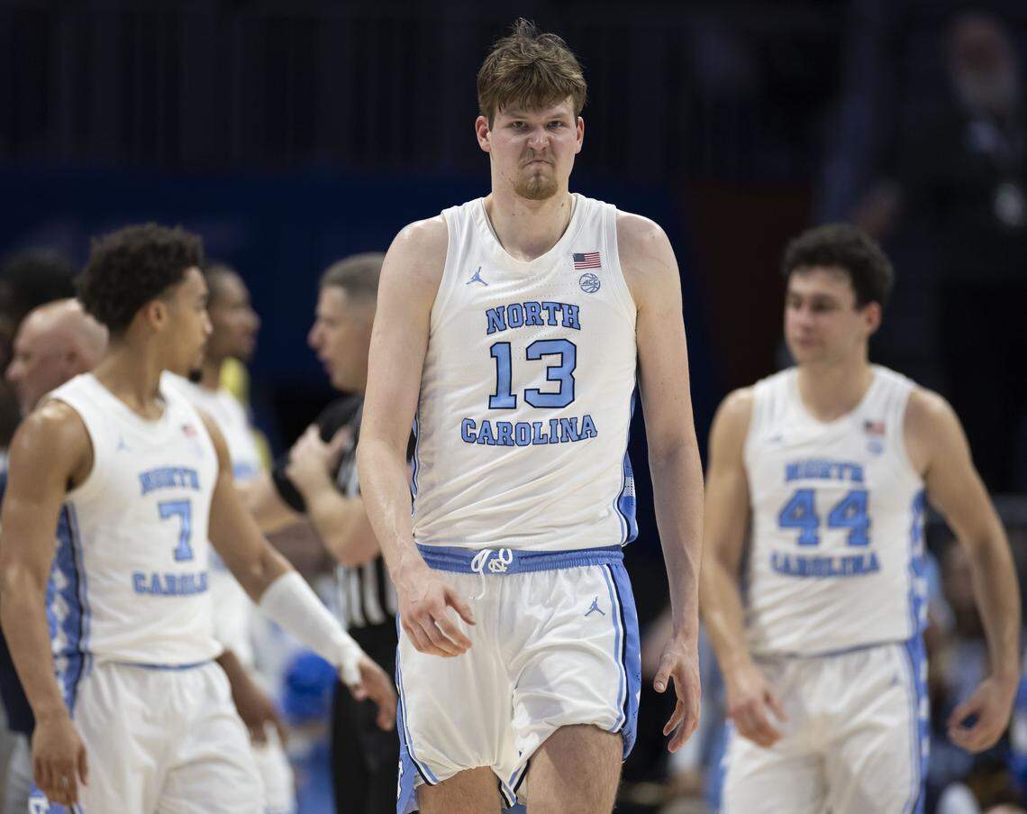 North Carolina center Henri Veesaar (13) grimaces as he takes the court in the closing minutes of play following a time out Thursday at Spectrum Center. 