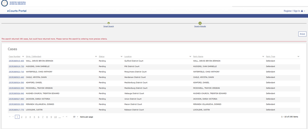 An example of what you might see after doing a blanket search for criminal warrants on eCourts.