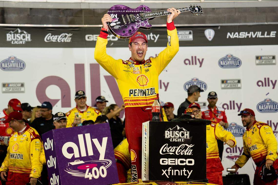 NASCAR Cup Series driver Joey Logano celebrates winning the Ally 400 at Nashville Superspeedway in Lebanon, Tenn., Sunday, June 30, 2024.