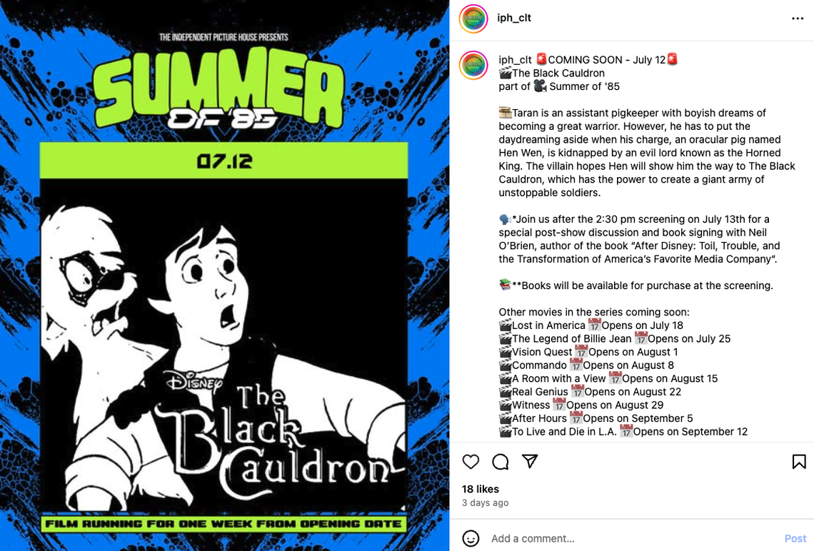 “The Black Cauldron” will be shown at Charlotte’s Independent Picture House on July 13, 2025, as part of the theater’s series, “The Summer of ‘85.”