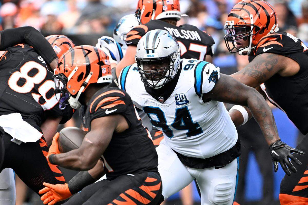 Sep 29, 2024; Charlotte, North Carolina, USA; Carolina Panthers defensive end A'Shawn Robinson (94) chases Cincinnati Bengals running back Zack Moss (31) in the fourth quarter at Bank of America Stadium. Mandatory Credit: Bob Donnan-Imagn Images